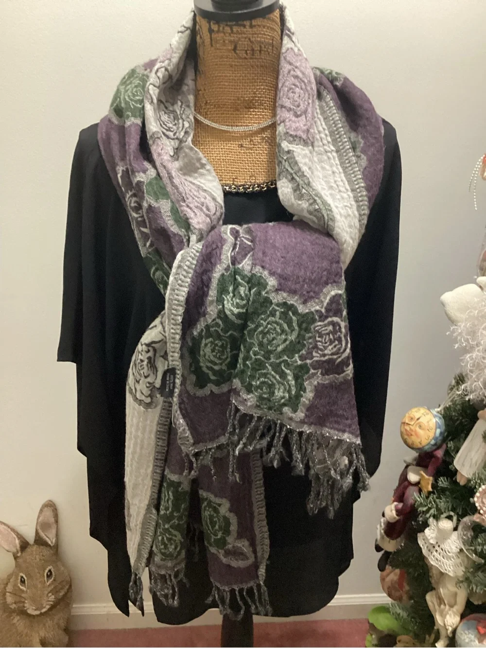 Floral Knit Wrap Shawl in Purple, Green & Cream